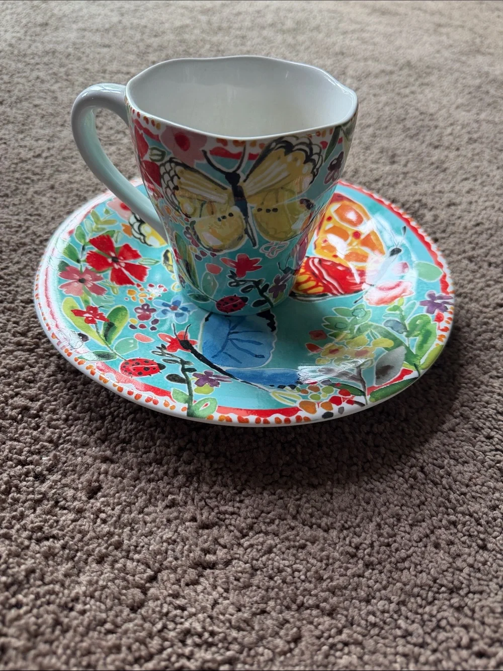 Pier 1 Floral & Butterfly Turquoise Red Yellow Accent Cup and Saucer